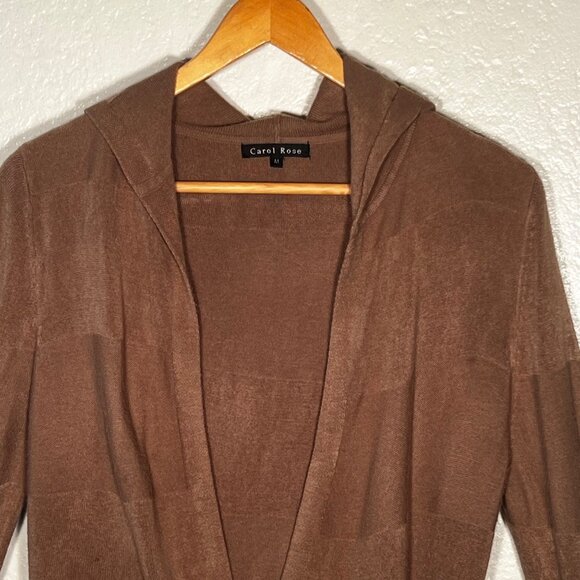 Carol Rose Womens M Brown Hooded Open Front Cardigan Sweater Tie Belt Warm Cozy - Picture 3 of 16